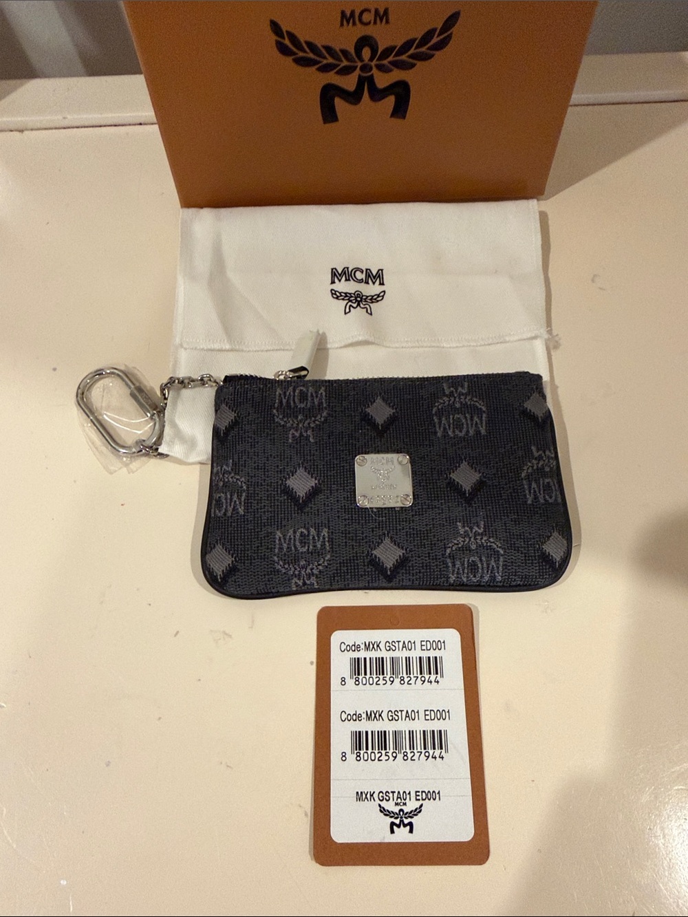 NWT MCM Black and Gray Monogram Key & Card Holder with Silver Hardware